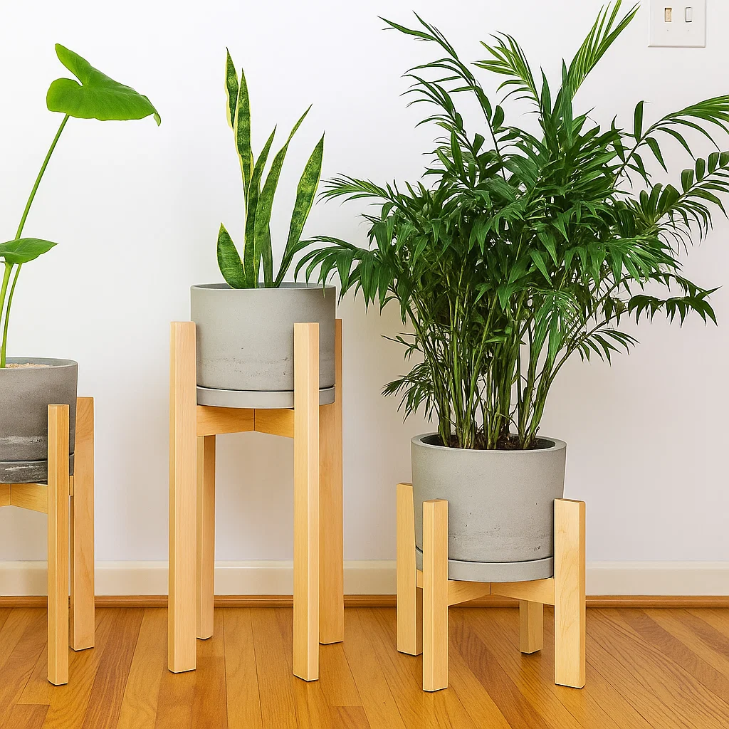 Three wooden plant stands holding potted green indoor plants