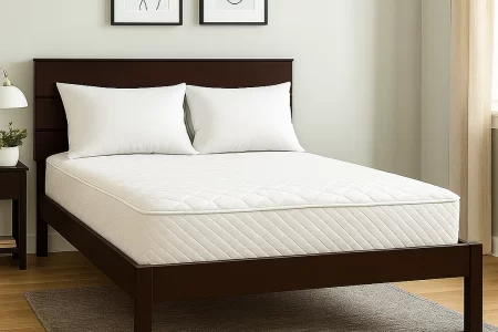Dark wooden bed with white mattress in a modern bedroom.