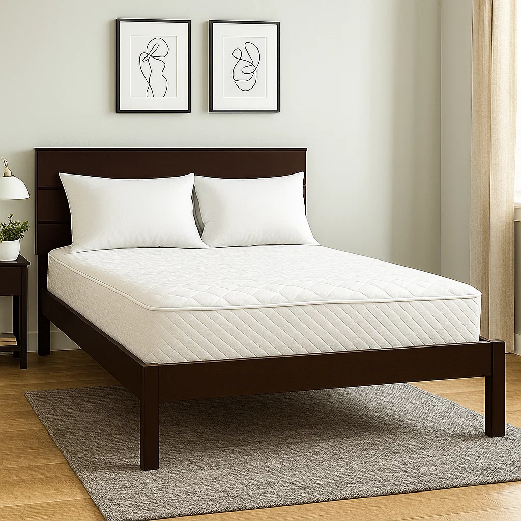 Dark wooden bed with white mattress in a modern bedroom.
