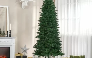 Green artificial Christmas tree decorated beside fireplace and wrapped gifts.