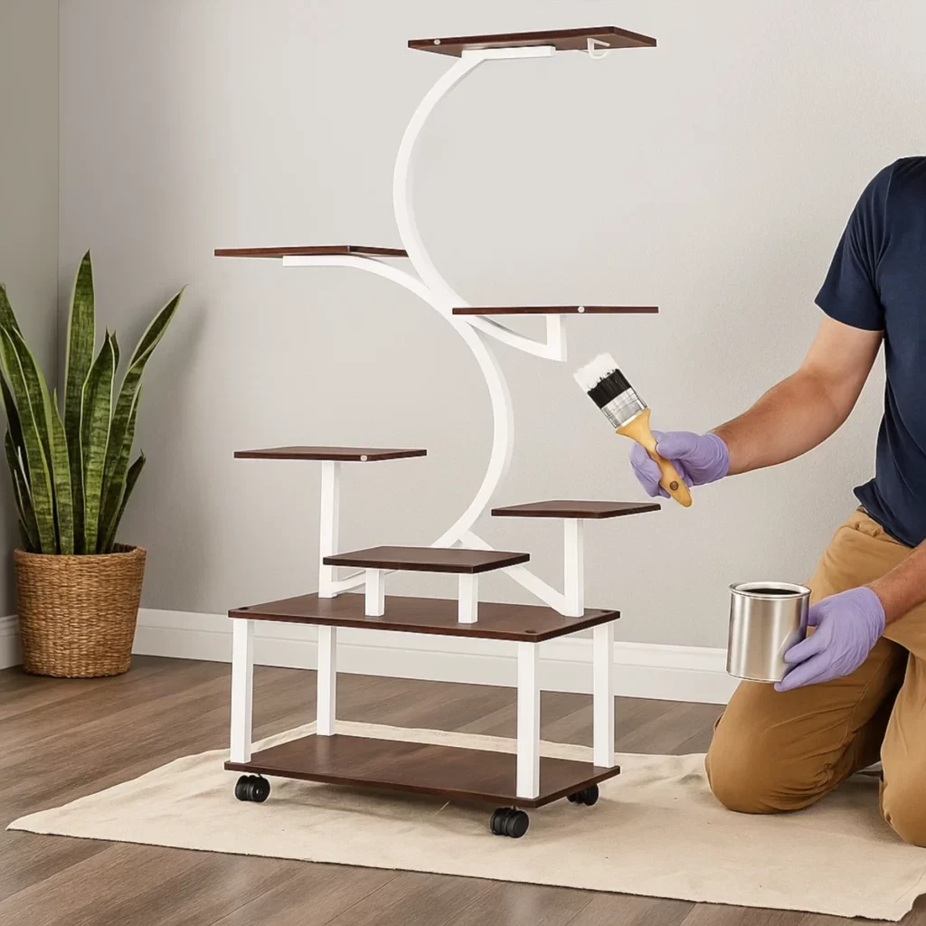 Man painting metal plant stand with brush and paint can.