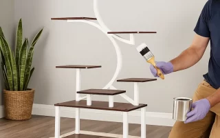 Man painting metal plant stand with brush and paint can.