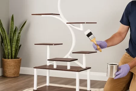 Man painting metal plant stand with brush and paint can.