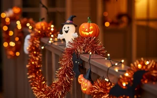 Halloween porch decorated with pumpkins, string lights, and cobwebs safely secured to siding and railing.