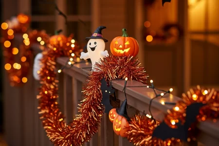 Halloween porch decorated with pumpkins, string lights, and cobwebs safely secured to siding and railing.