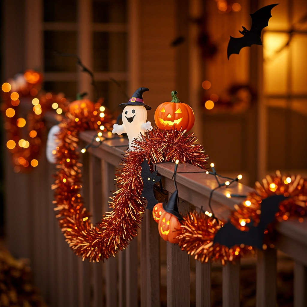 Halloween porch decorated with pumpkins, string lights, and cobwebs safely secured to siding and railing.