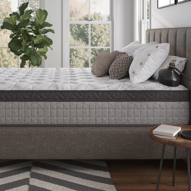 Hybrid mattress with innerspring coils and memory foam or latex for balanced support and comfort.
