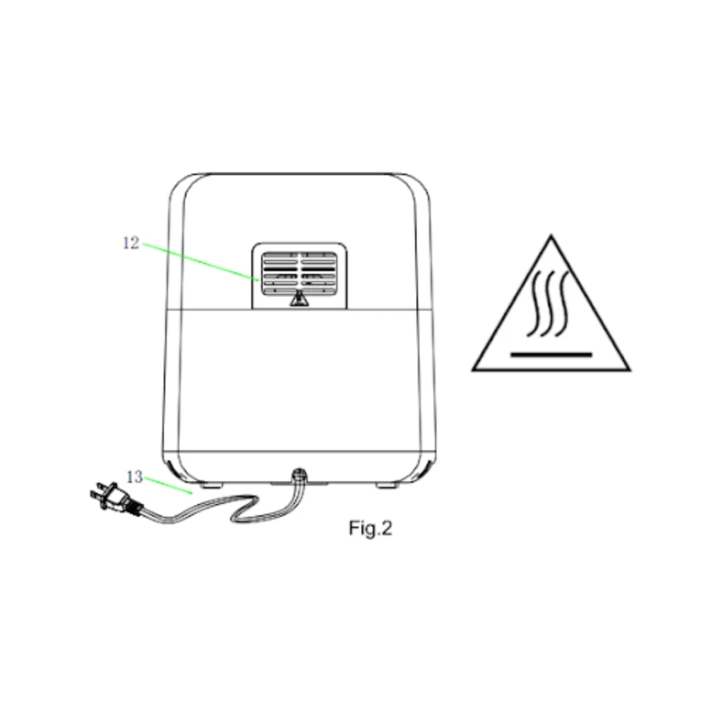 rear view of air fryer showing air outlet and power cord.
