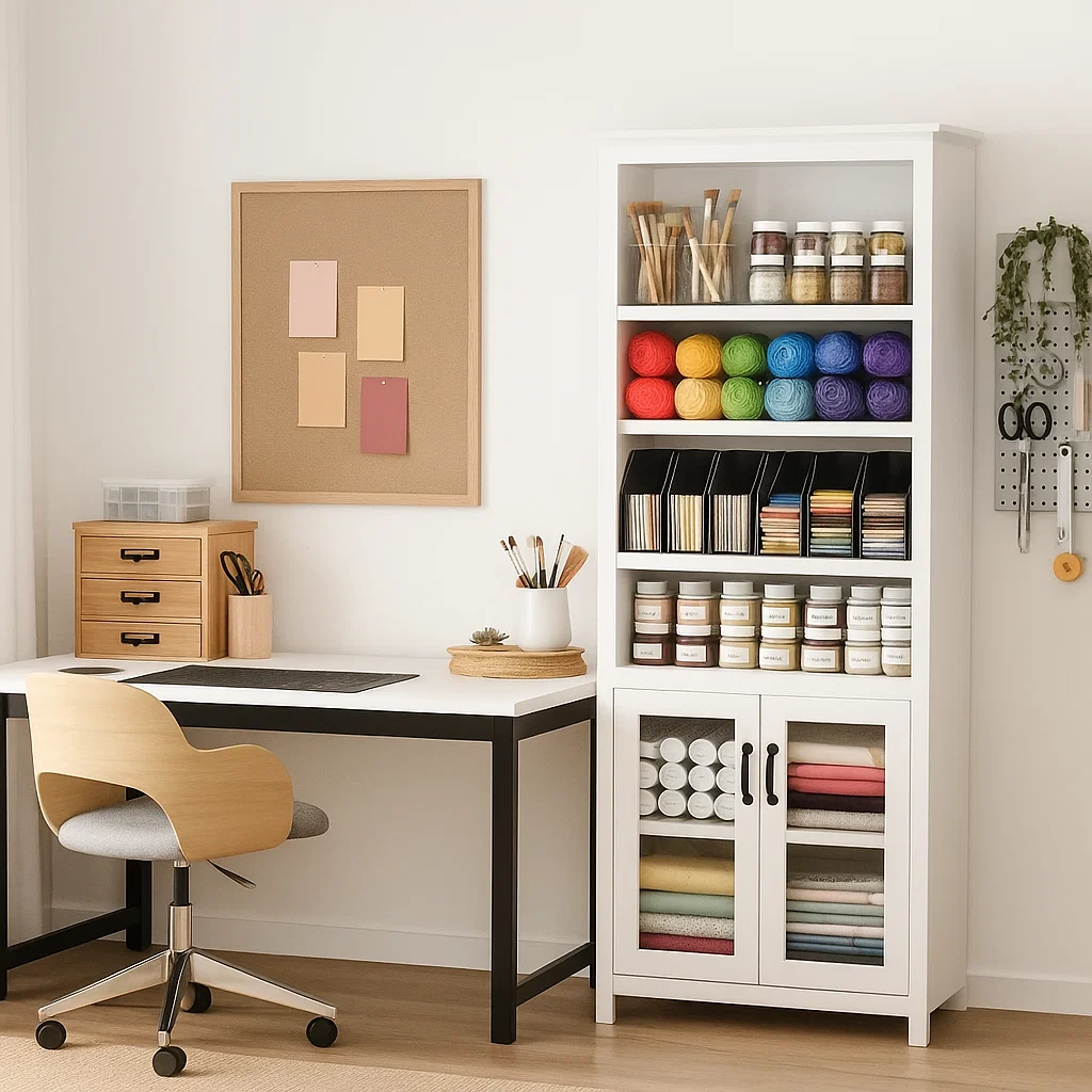 Craft room hutch filled with yarn, paint jars, and tools in colour-coded and labeled bins.
