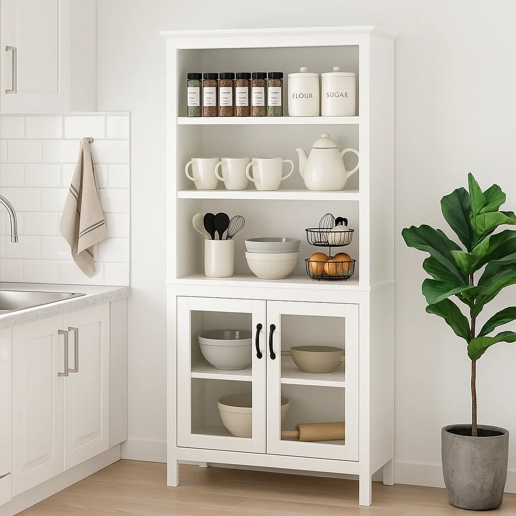 Kitchen hutch styled with bowls, mugs, canisters, and utensils in a clean white farmhouse design.
