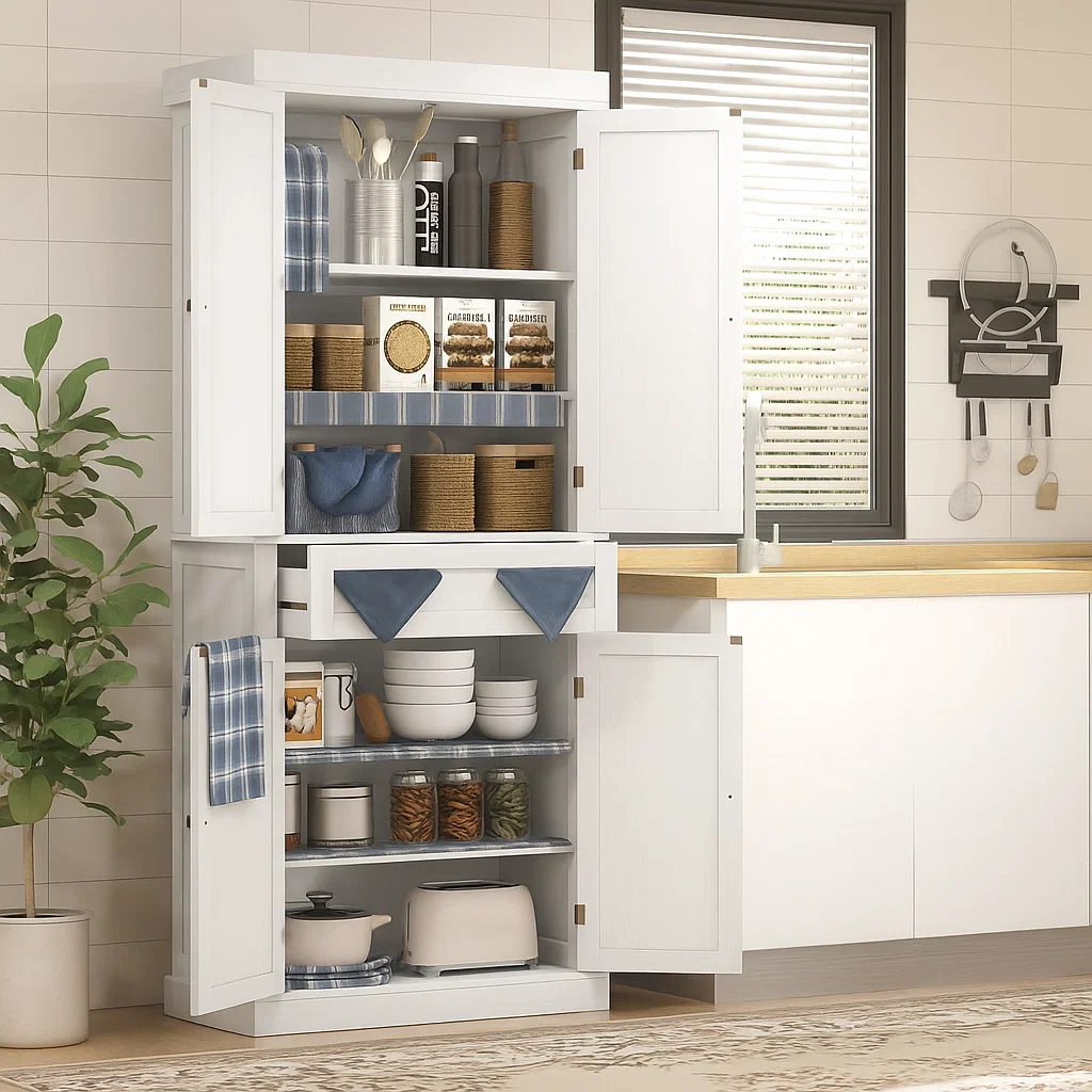 White cabinet decorated with folded blue fabric and storage baskets