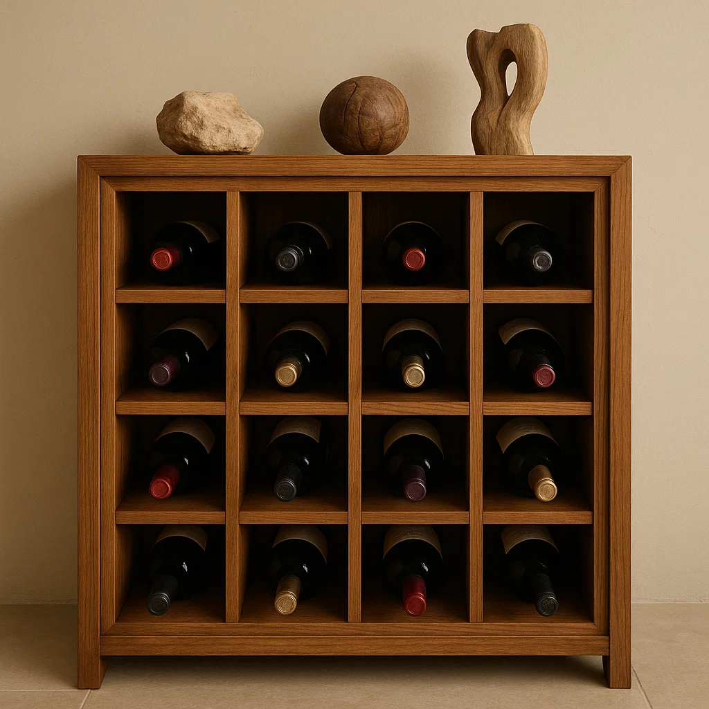 Wooden wine cabinet with bottles and minimalist decorative accents.
