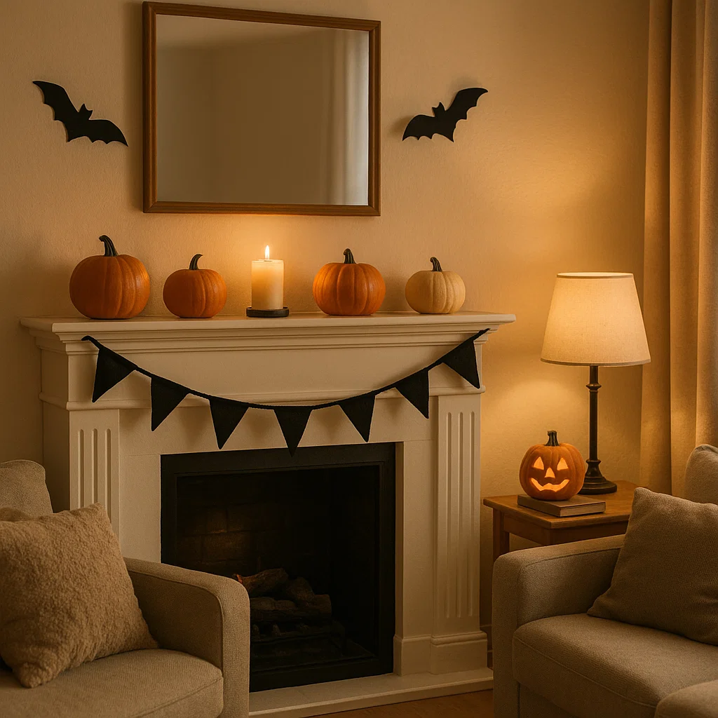 Halloween living room with pumpkins, candle, and bats on wall safely arranged on fireplace mantel.