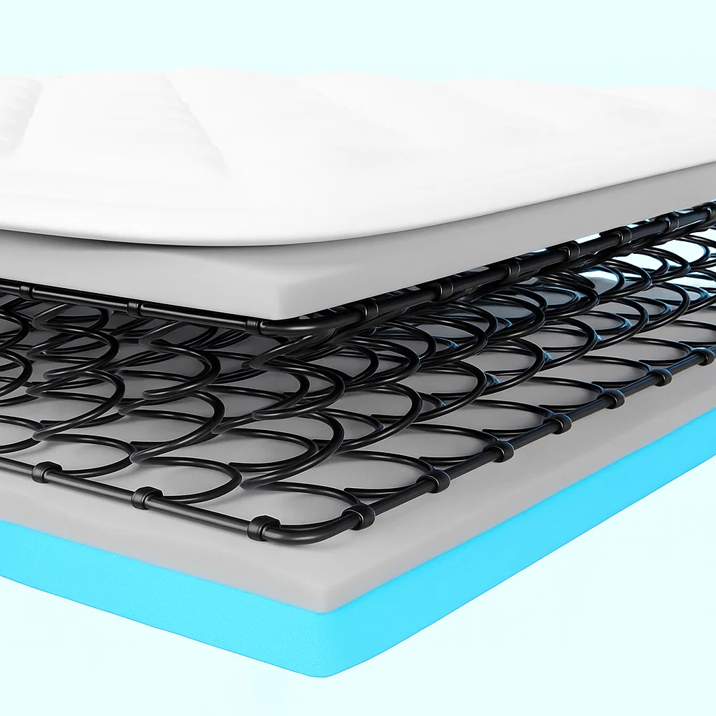 Innerspring mattress with metal coils for firm support and a bouncy sleep surface.