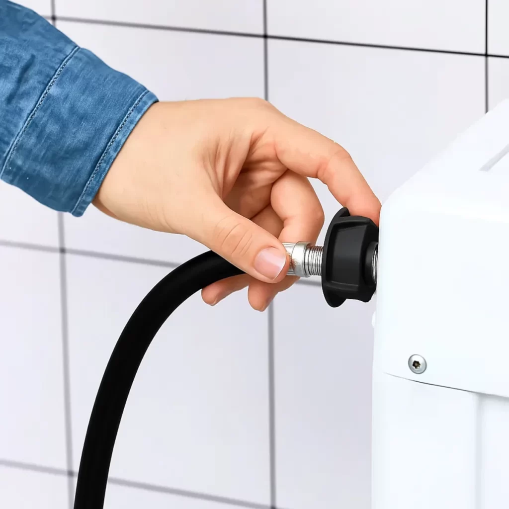 Hand connecting water inlet hose to washing machine fitting