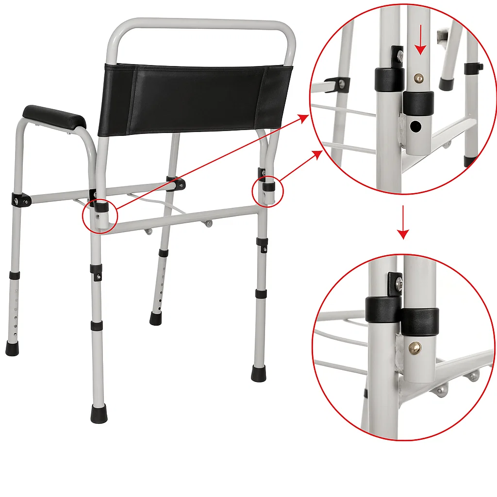 Black padded backrest securely connected to commode chair frame.
