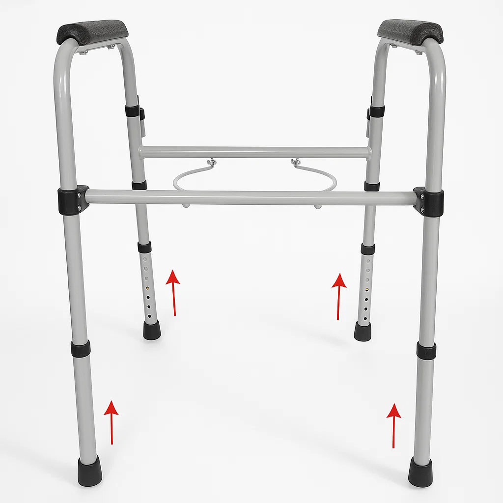 Adjustable leg tubes inserted into gray commode chair frame.
