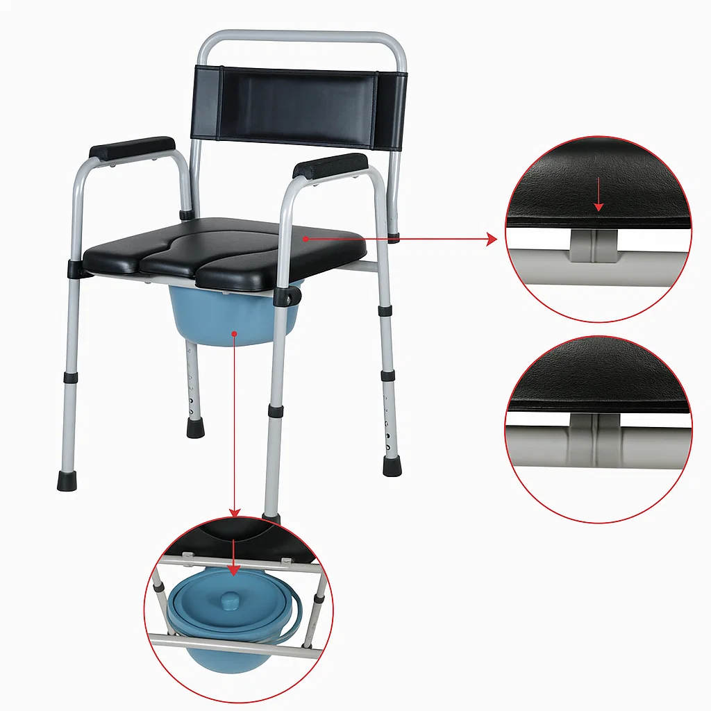 Black seat board attached to metal commode frame above blue bucket.
