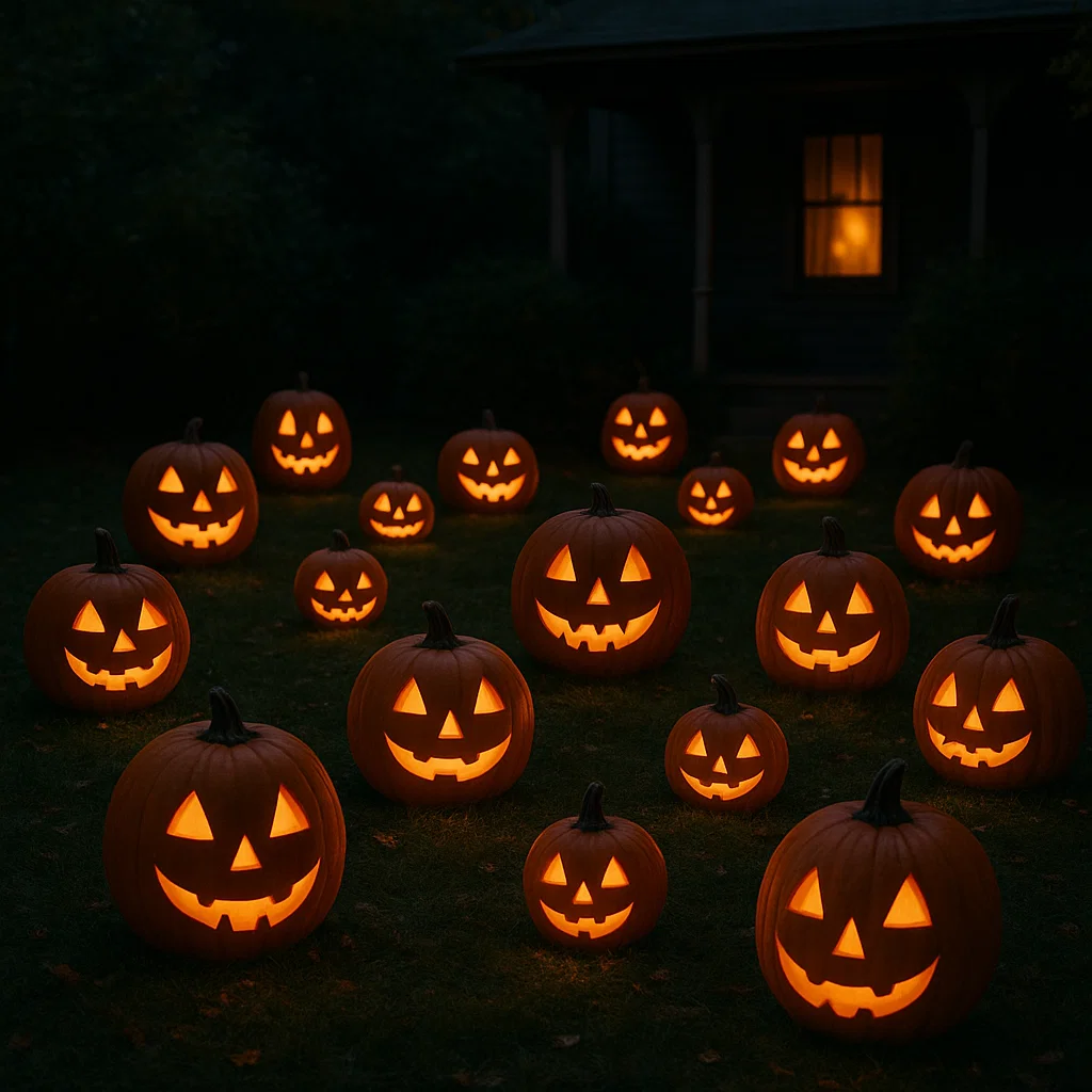 Glowing jack-o’-lantern pumpkins illuminating a dark yard.