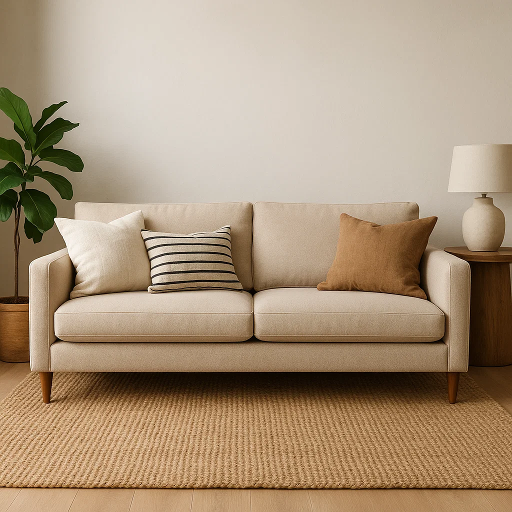Beige sofa with striped and brown pillows on jute rug
