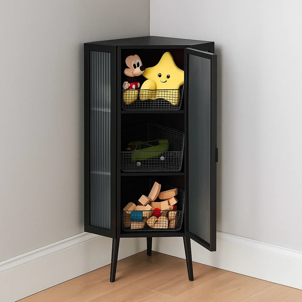 Black corner cabinet storing plush toys and wooden blocks
