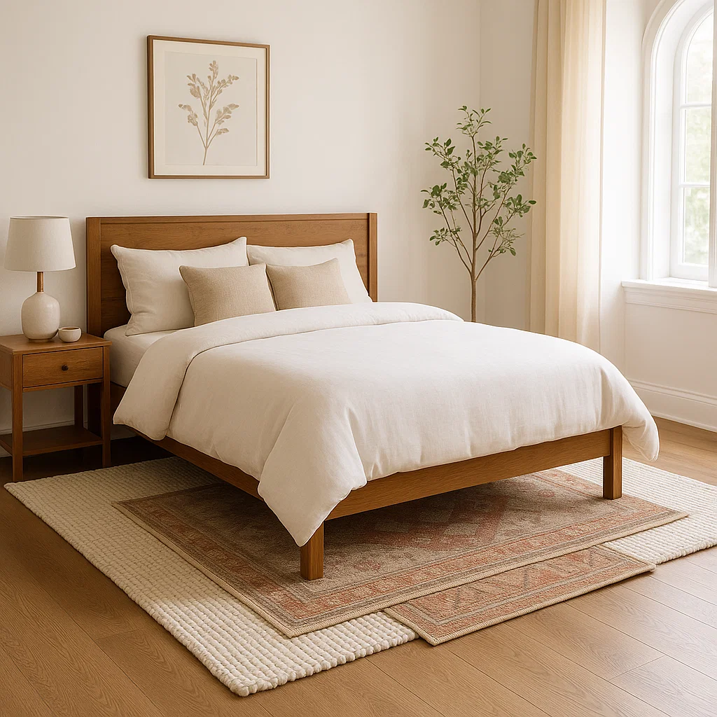 Wooden bed frame on layered rugs in bright bedroom.