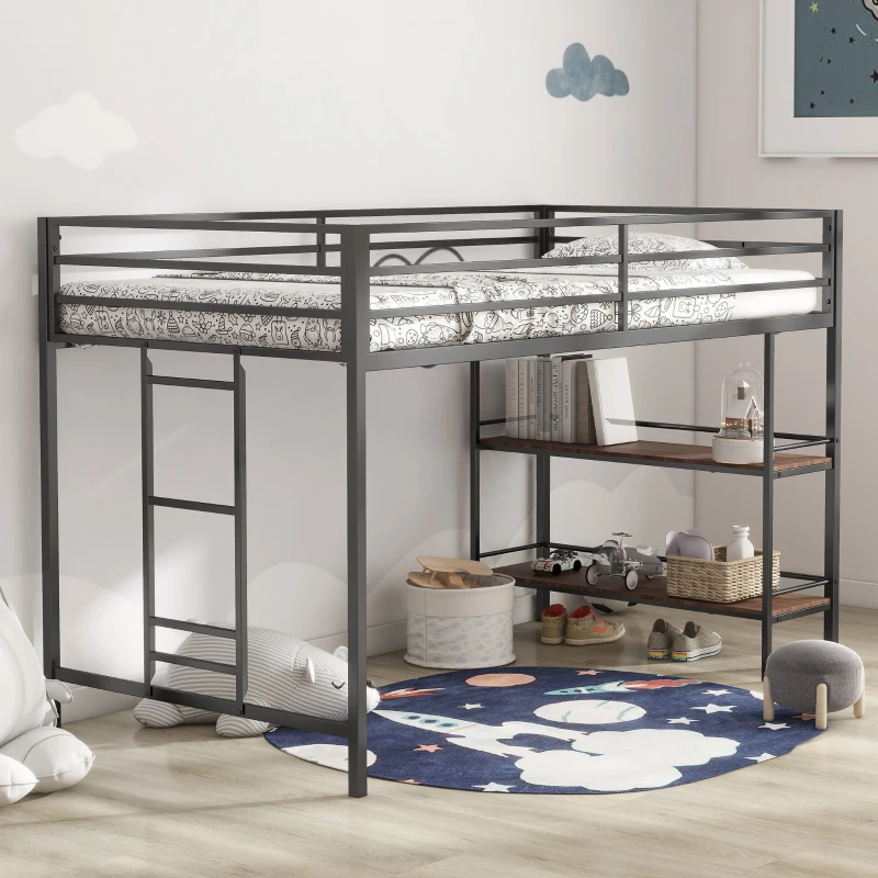 Lofted bed design creates extra space for a desk, storage, or lounge area in small rooms.