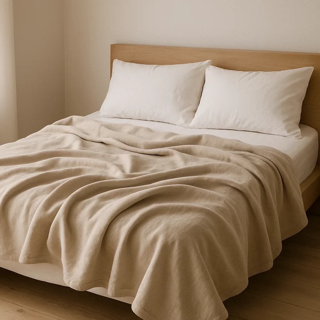 Neatly folded blanket tucked under mattress or loosely draped for a relaxed, cozy look.