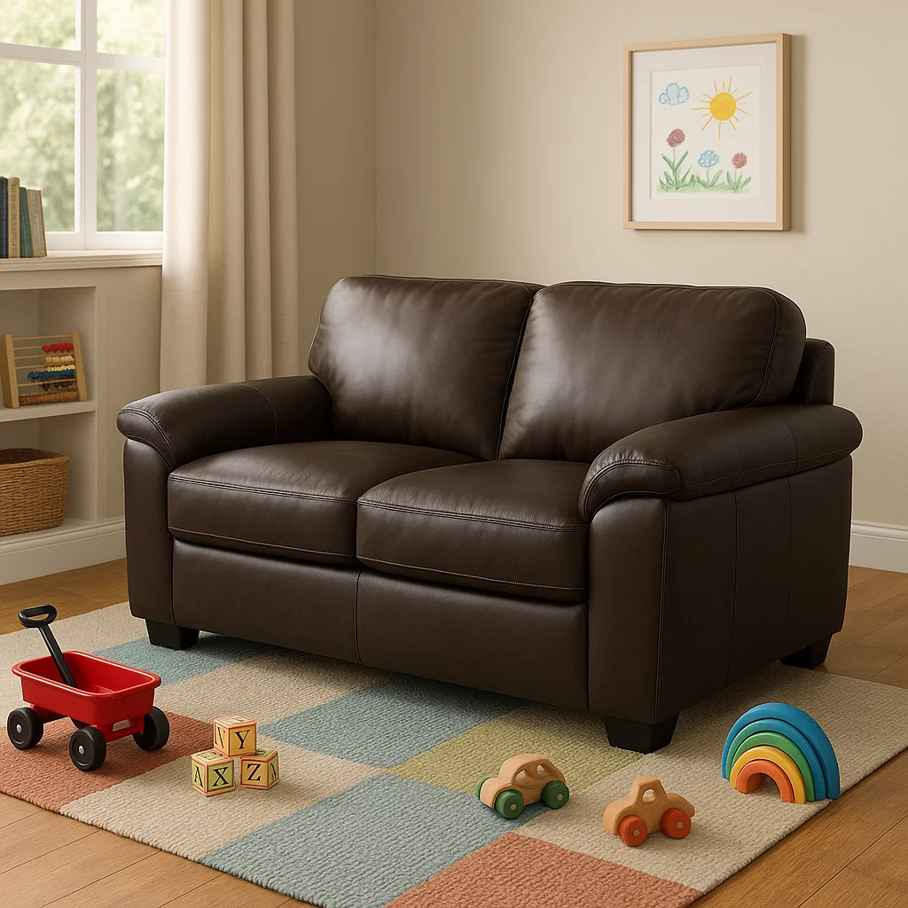 Brown leather loveseat in playroom with kids’ toys
