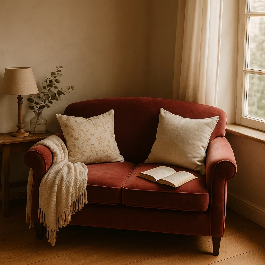Red velvet loveseat with pillows near sunny window