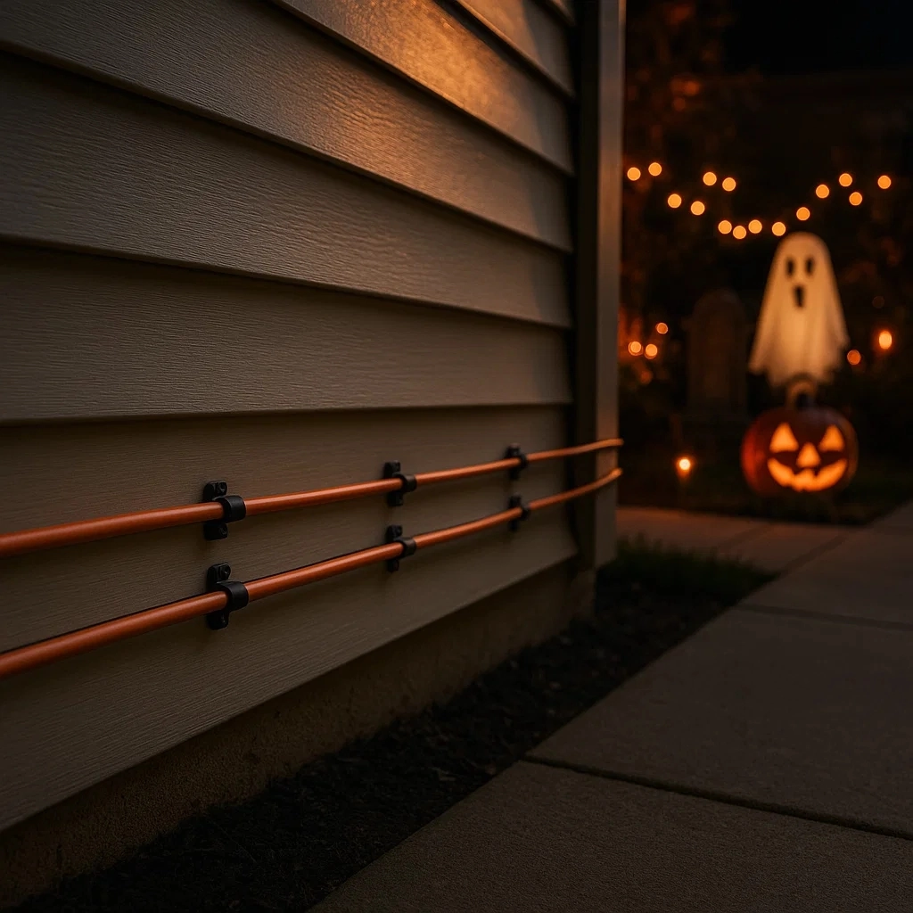 Orange extension cords secured neatly to house wall with black clips during Halloween setup.