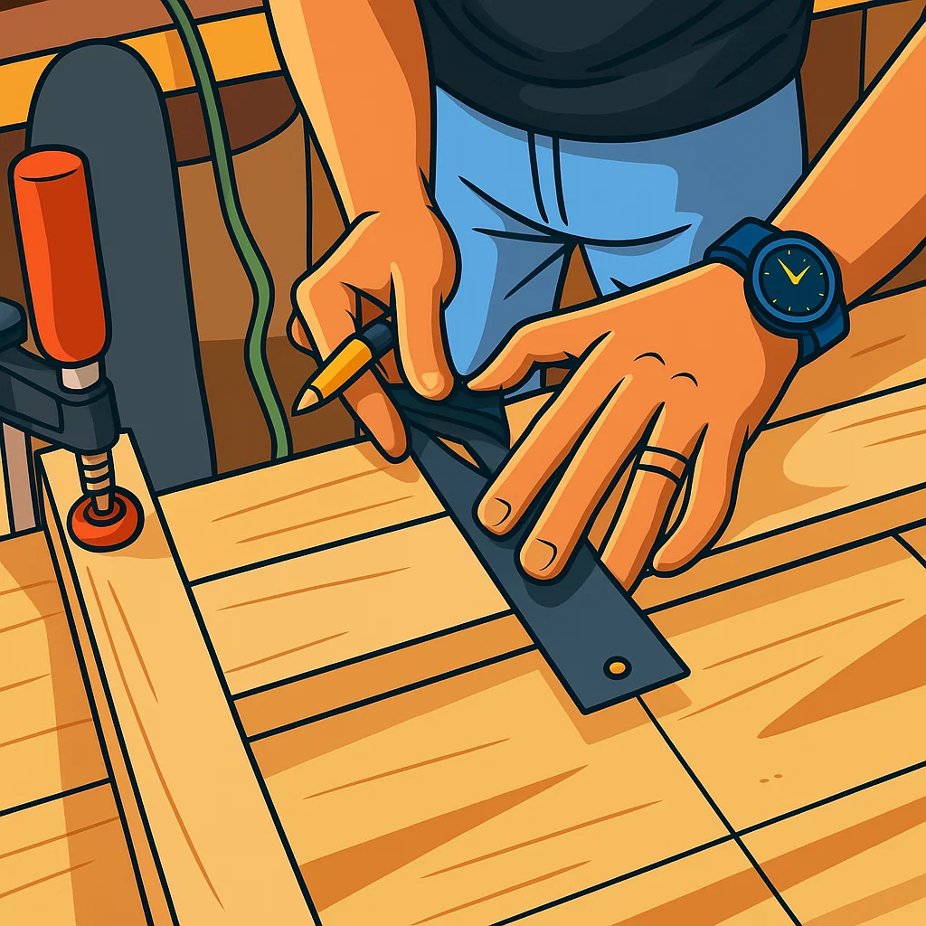 Hands marking wood with ruler before cutting with saw