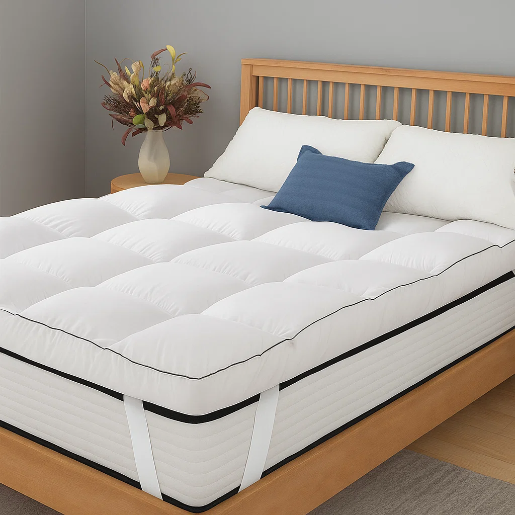 Bed with thick white mattress topper and blue accent pillow.