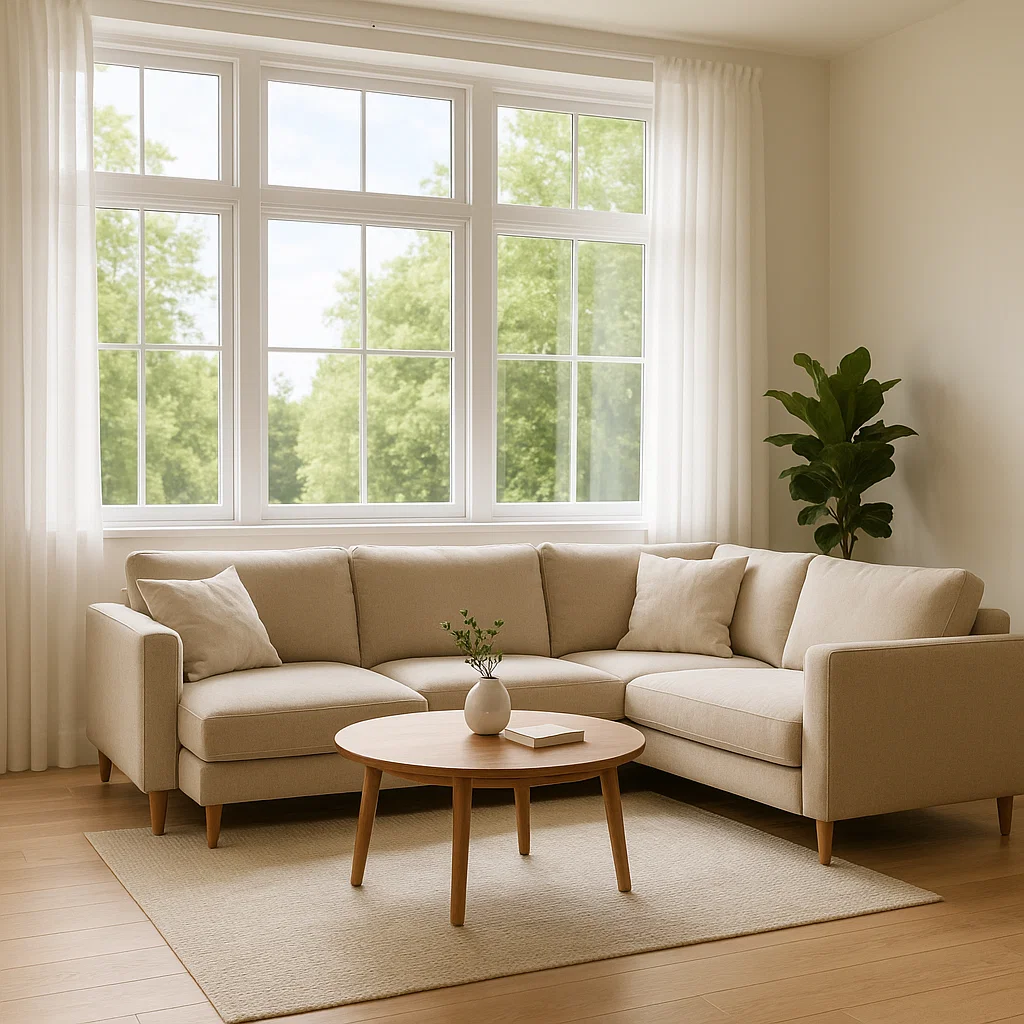 Light beige sectional sofa near large window with sheer curtains.