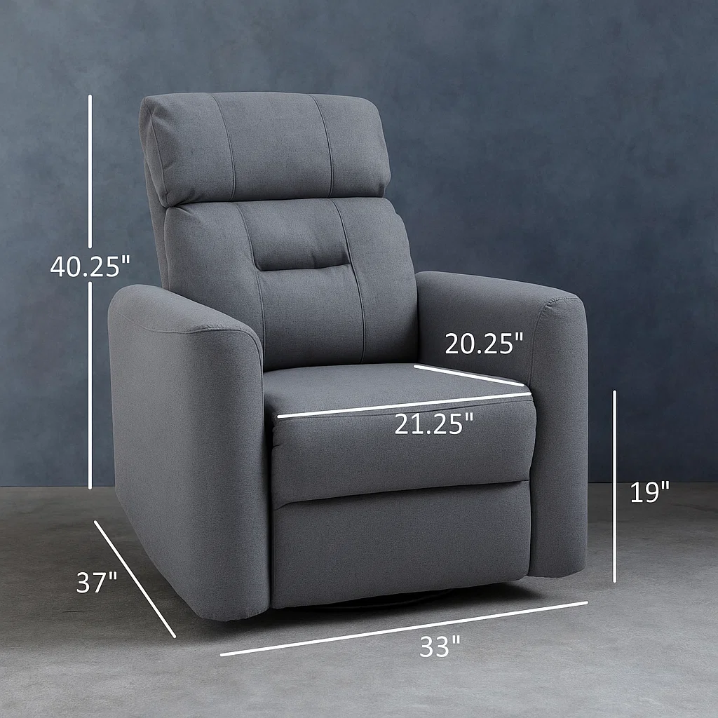 Gray recliner chair with labeled seat and height measurements