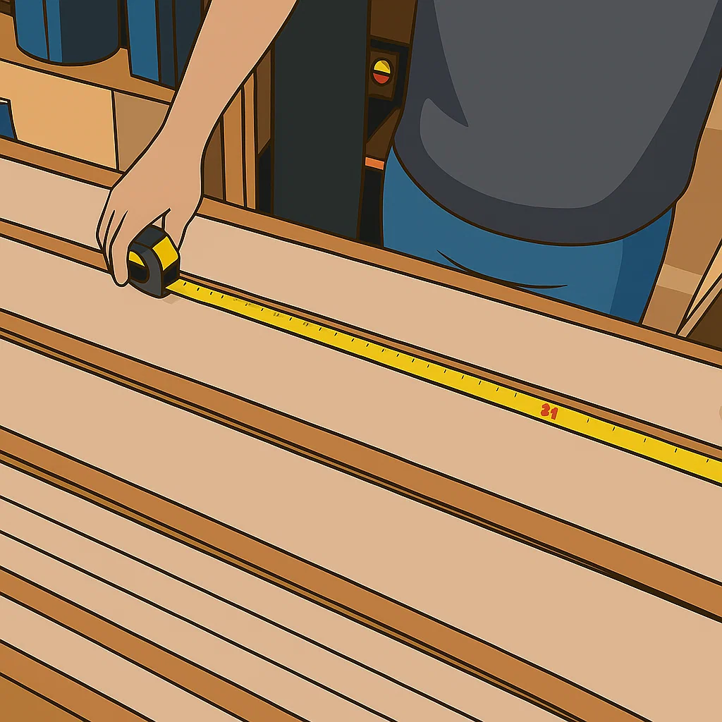Person using measuring tape on wooden boards for accuracy