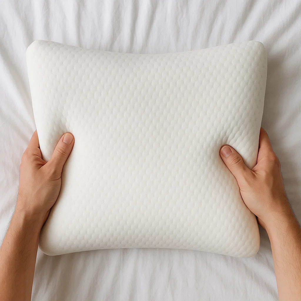 Hands holding white memory foam pillow on bed