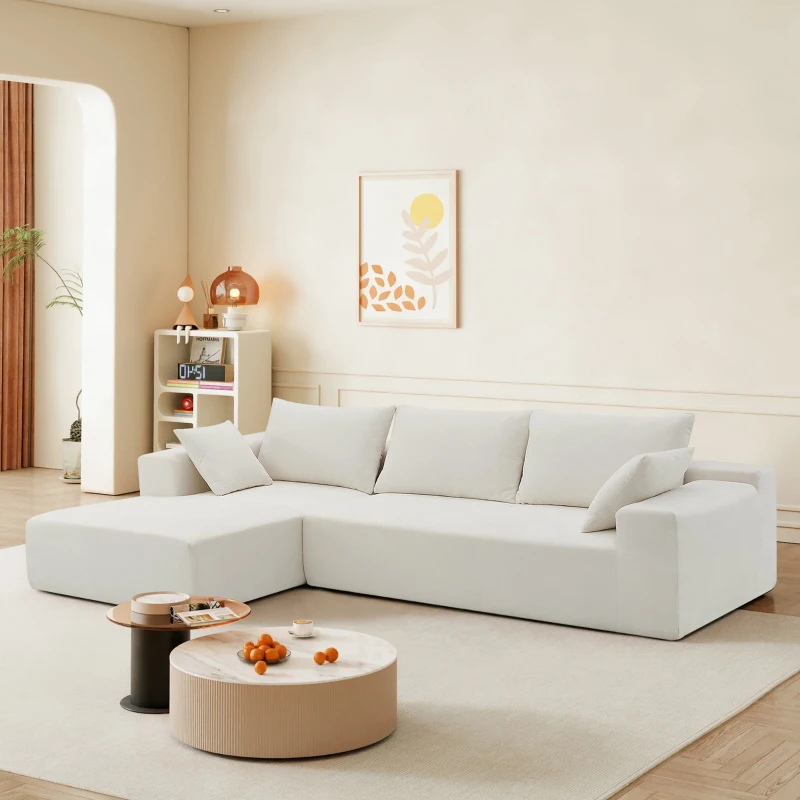 Light beige sleeper sectional sofa in modern living room
