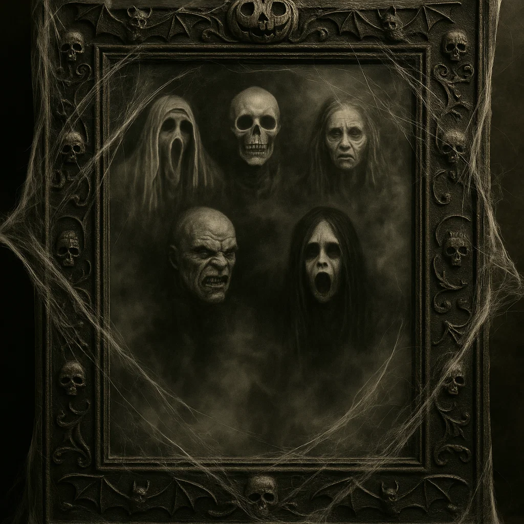 Creepy mirror frame with ghostly faces surrounded by cobwebs.
