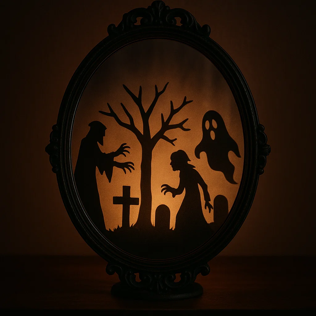 Silhouette of vampire, woman, ghost, tree, and gravestones glowing inside an oval frame.