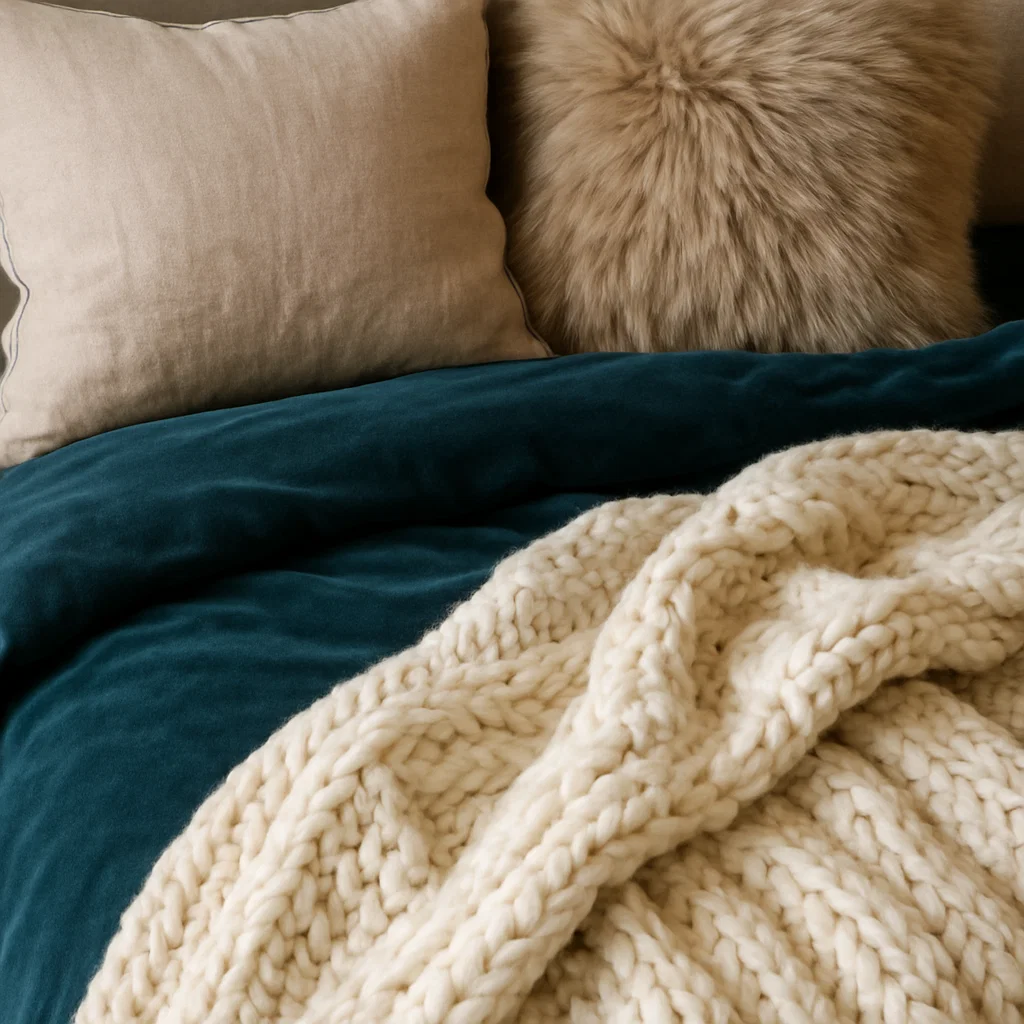 Layered bed with contrasting textures like cotton, velvet, and chunky knit for cozy luxury.
