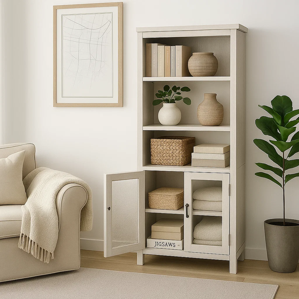 Neutral hutch cabinet styled with books, ceramic vases, woven baskets, and greenery.
