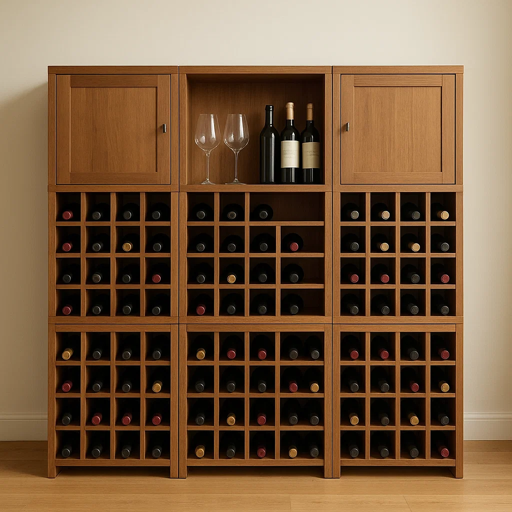 Large modular wooden wine cabinet with multiple wine slots.