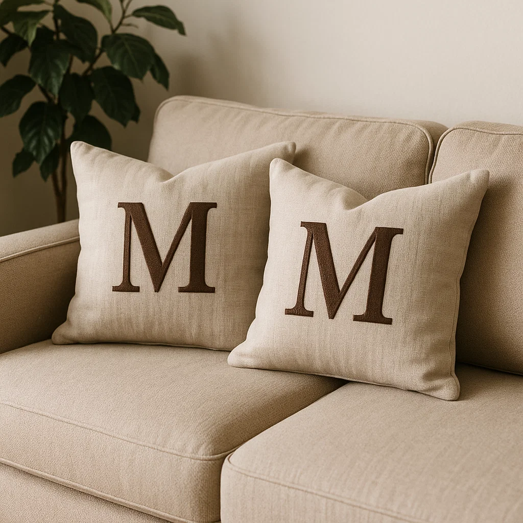 Two beige cushions with bold brown embroidered letter M
