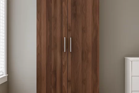 Wooden wardrobe with sleek handles and modern design