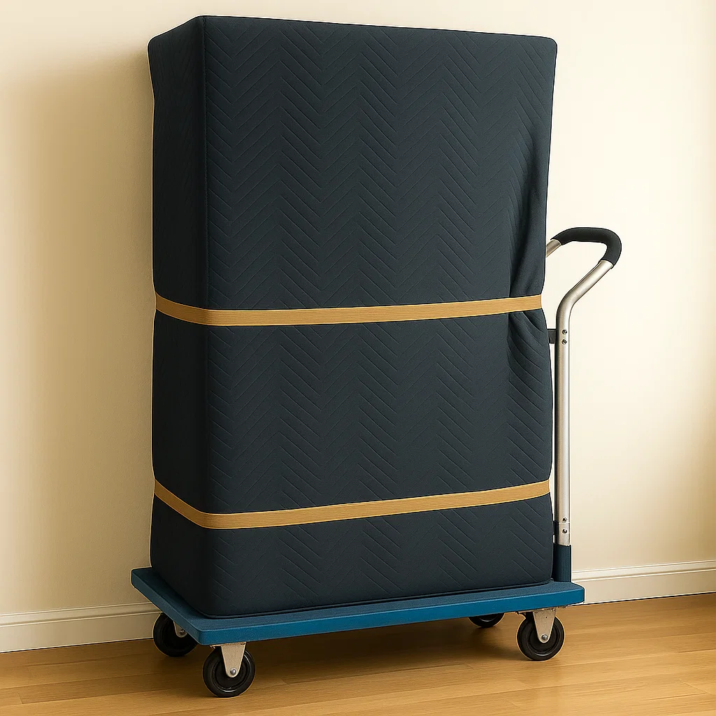 Mattress packed with moving straps on dolly cart
