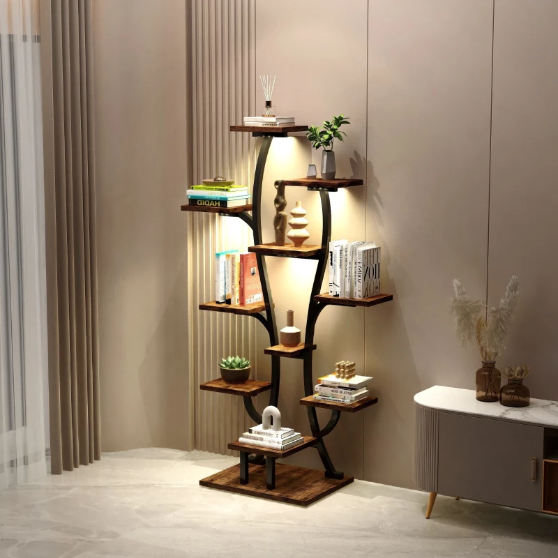 Wooden multi-tier shelf with decor and built-in lights