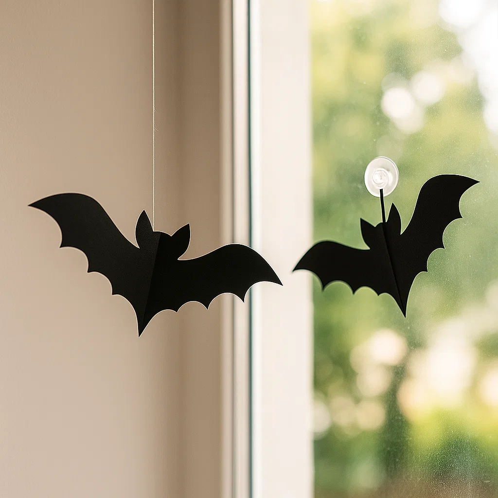 Paper bat decorations hanging on window with suction hooks.
