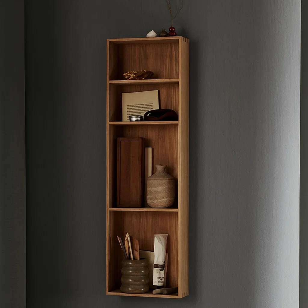 Tall wooden open wall shelving cabinet with books and decor