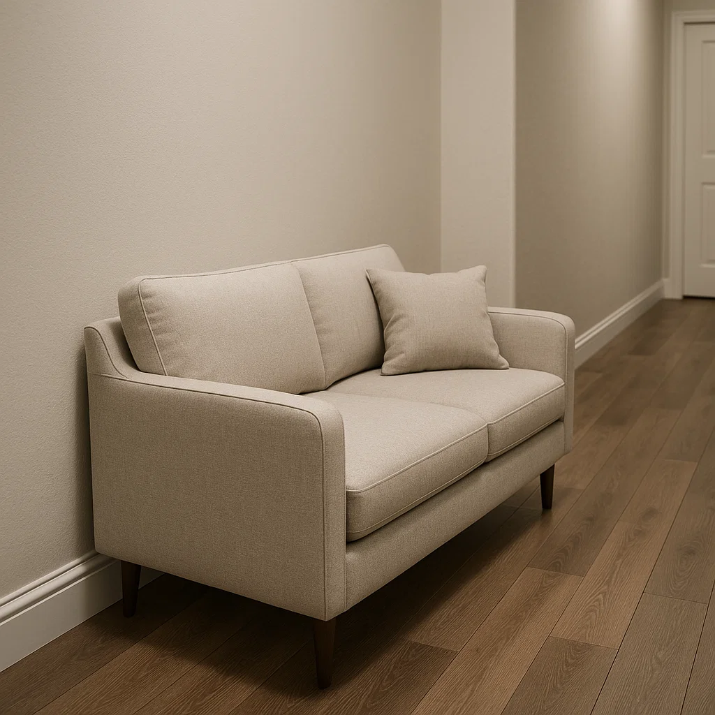Compact beige loveseat with cushion in narrow hallway
